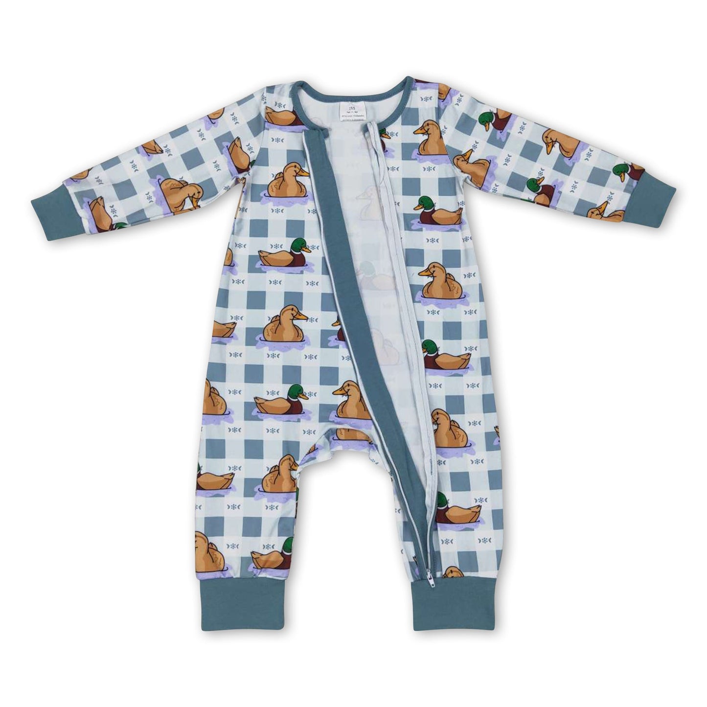 Plaid duck long sleeves baby kids zipper romper