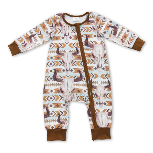 Brown pockets bull skull western baby boy zipper romper