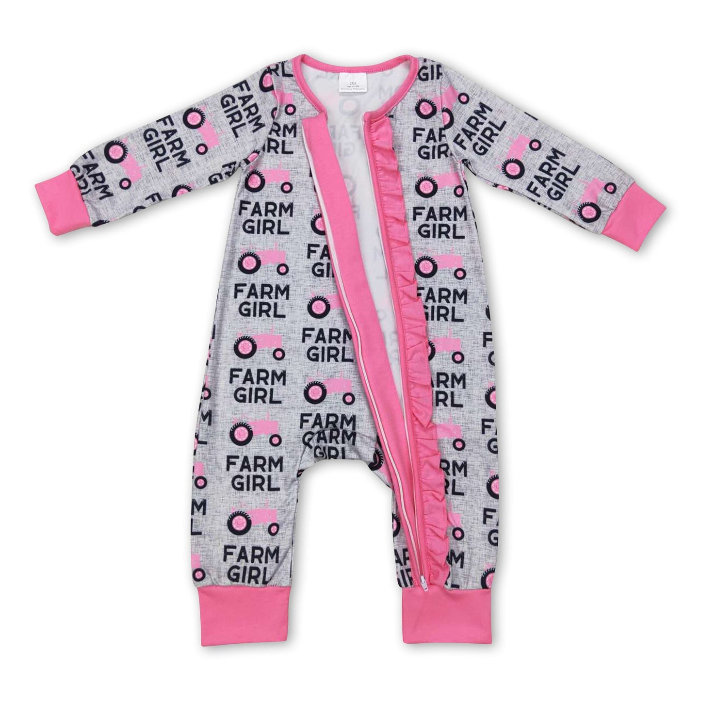 Pink tractor farm girl ruffle baby zipper romper