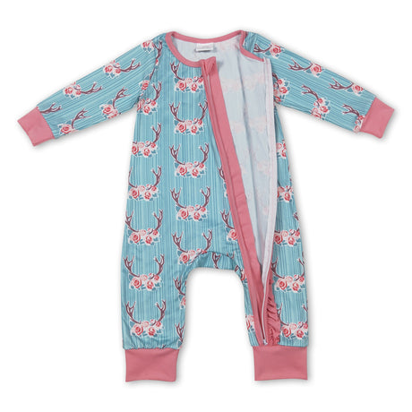Deer floral long sleeves baby girls zipper romper