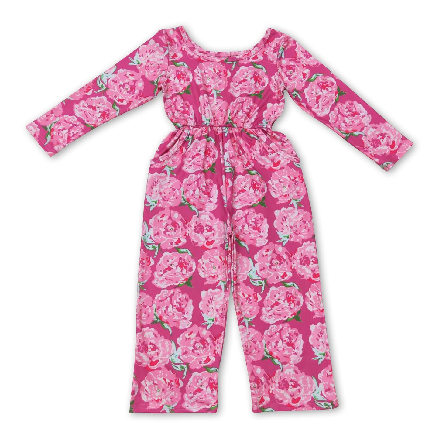 Floral long sleeves pocket kids girls jumpsuit