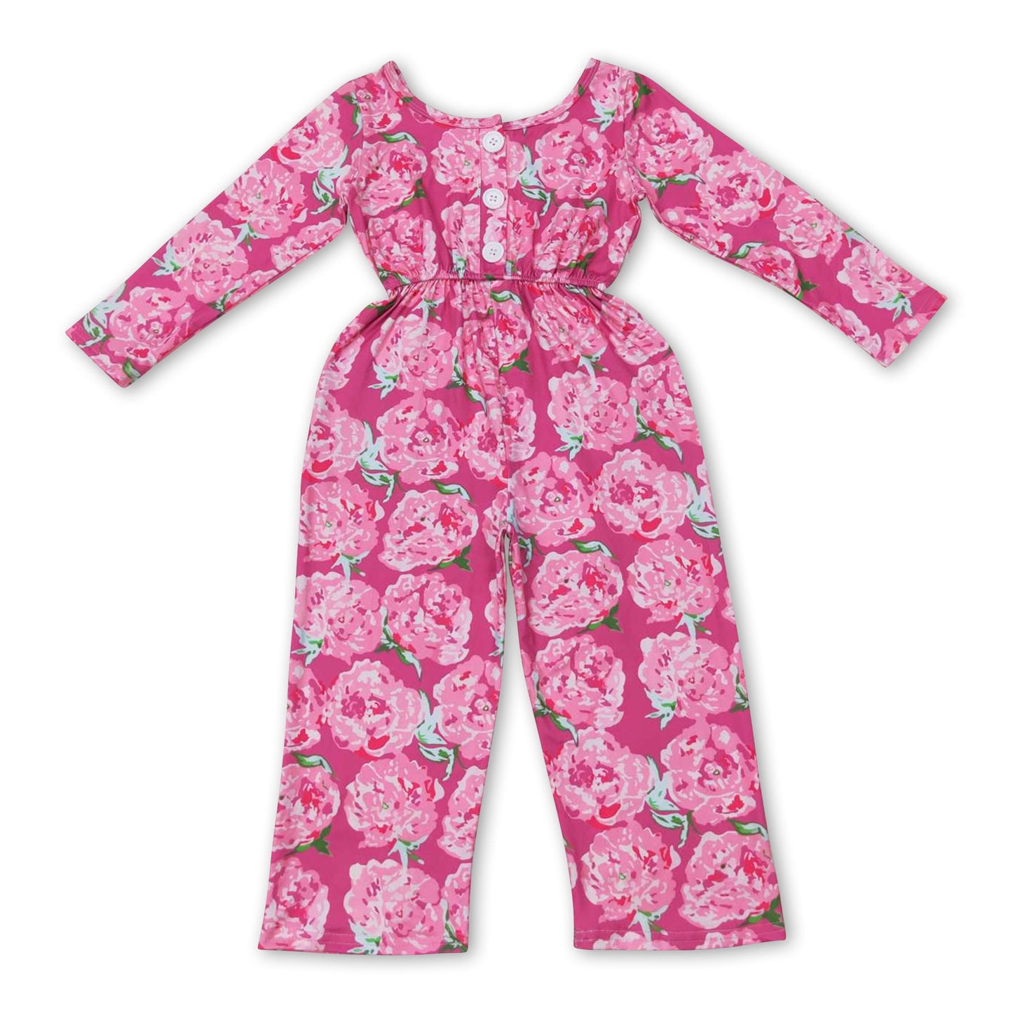 Floral long sleeves pocket kids girls jumpsuit