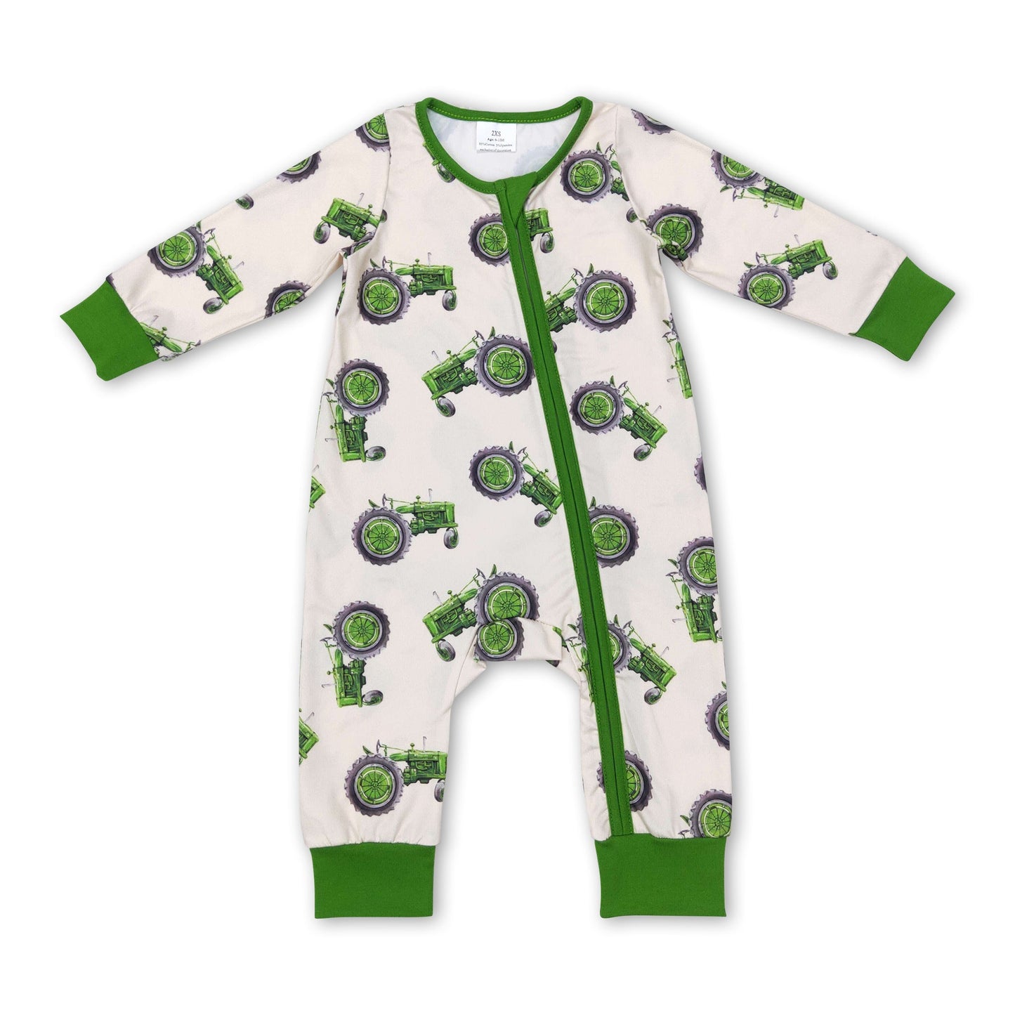 Green tractor baby boy farm zipper romper