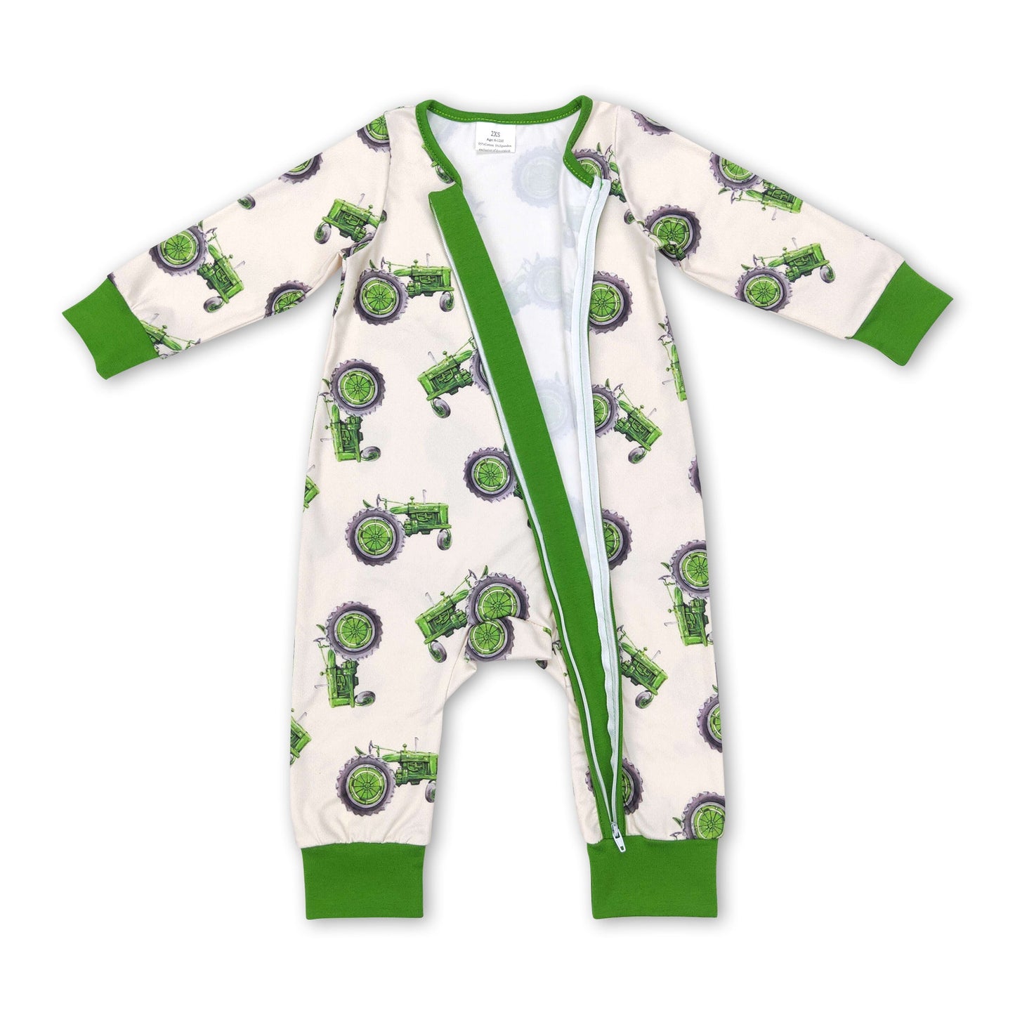 Green tractor baby boy farm zipper romper