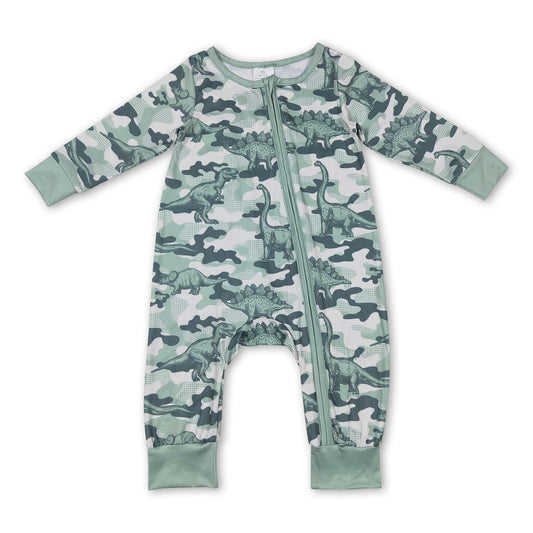 Green Dinosaur camo long sleeves baby boy zipper romper