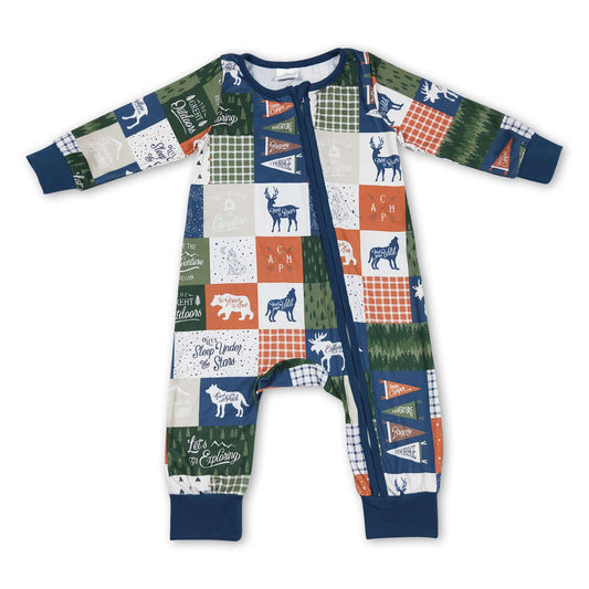 Let's go camping deer patchwork baby kids zipper romper