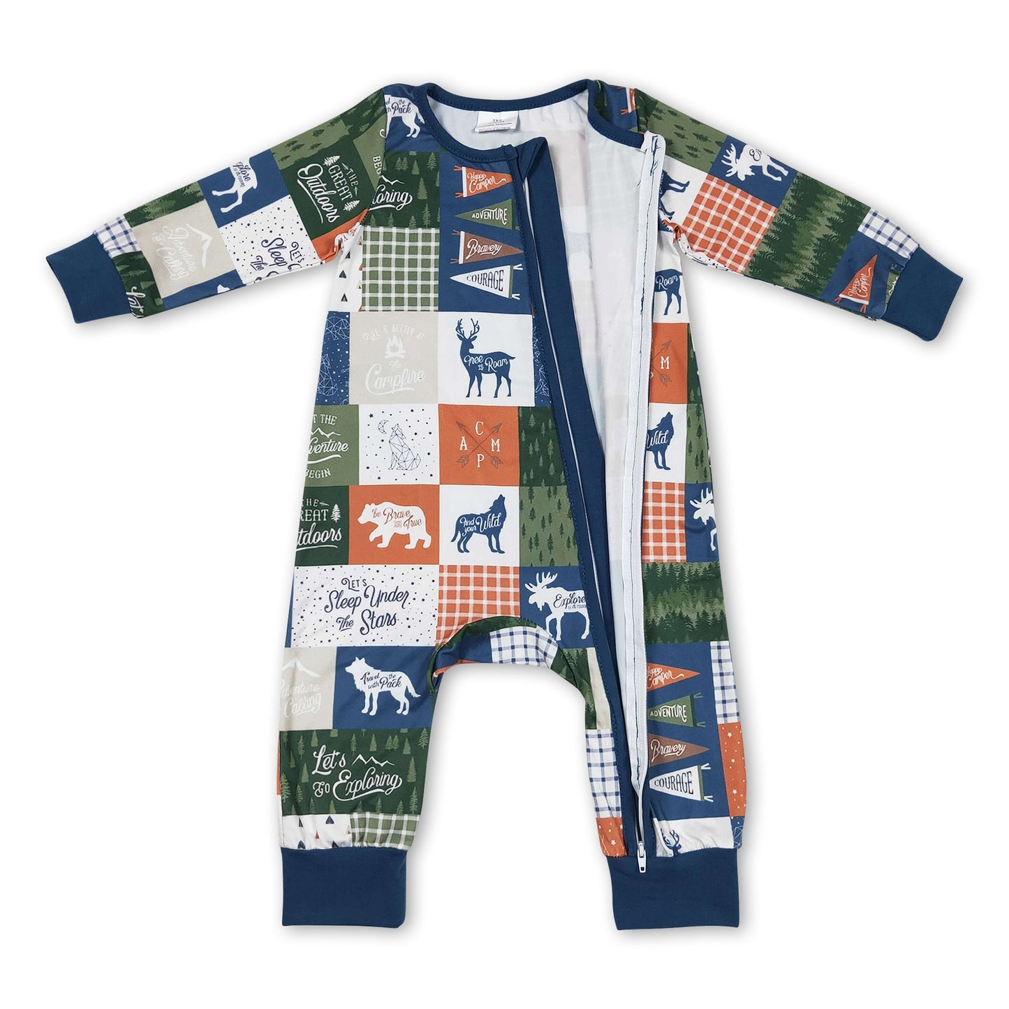 Let's go camping deer patchwork baby kids zipper romper