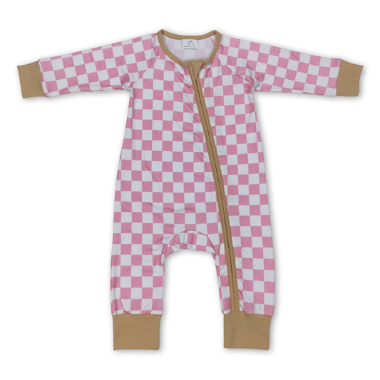 Pink plaid long sleeves baby girls zipper romper