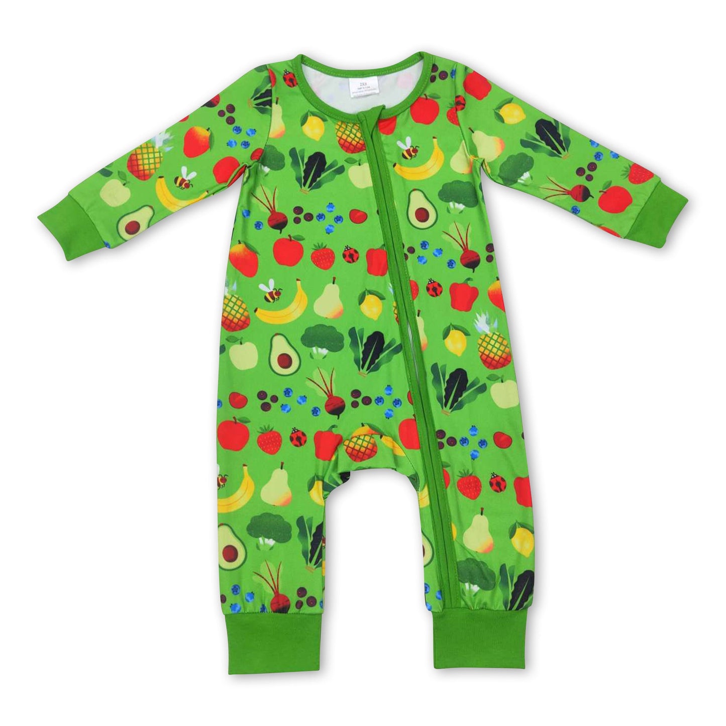 Green long sleeves fruits baby girls zipper romper