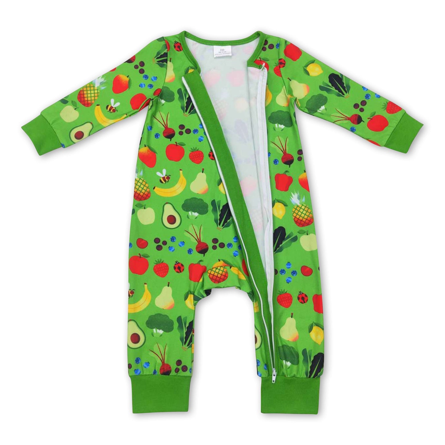 Green long sleeves fruits baby girls zipper romper