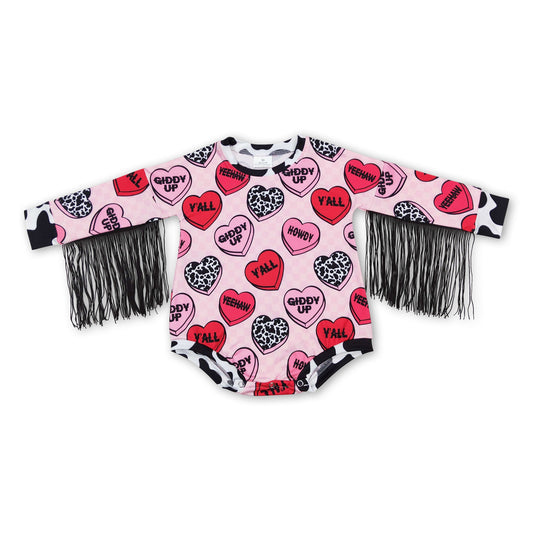 Pink plaid heart tassels long sleeves girls Valentine's romper