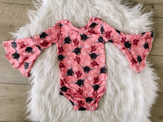 Pink long sleeves highland cow cactus baby girls romper