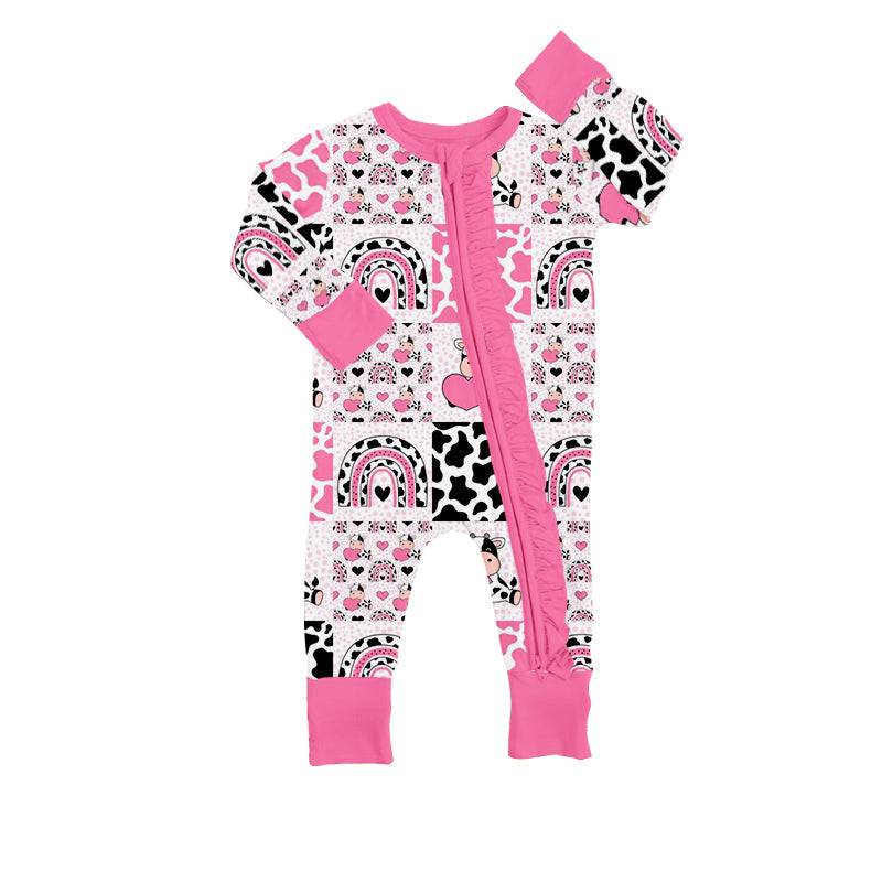 Pink cow heart rainbow baby girls valentine's romper