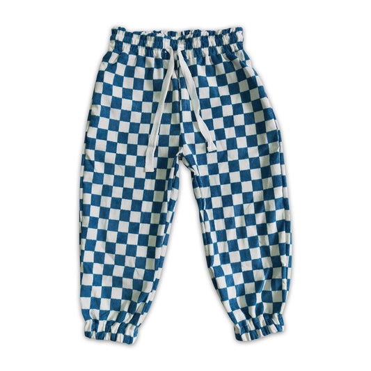 Blue plaid functional drawstring pocket kids cotton pants