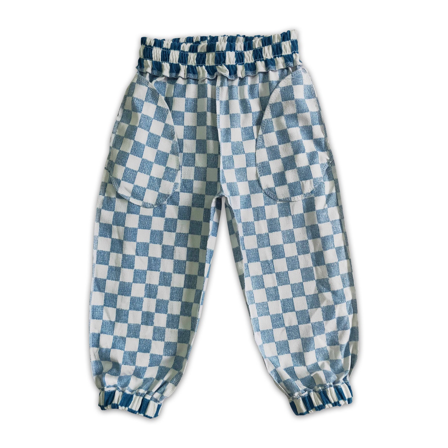 Blue plaid functional drawstring pocket kids cotton pants