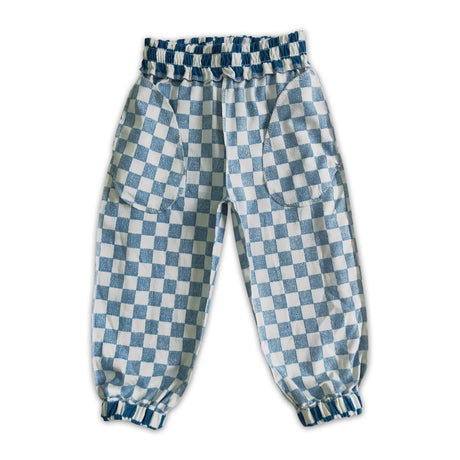 Blue plaid functional drawstring pocket kids cotton pants