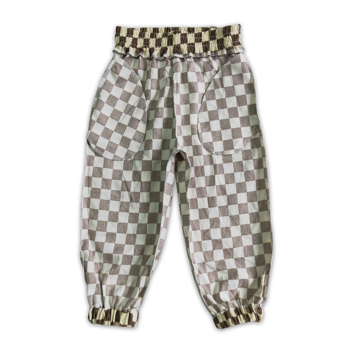 Khaki plaid functional drawstring pocket kids cotton pants