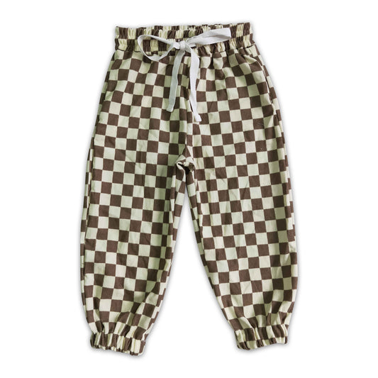 Khaki plaid functional drawstring pocket kids cotton pants