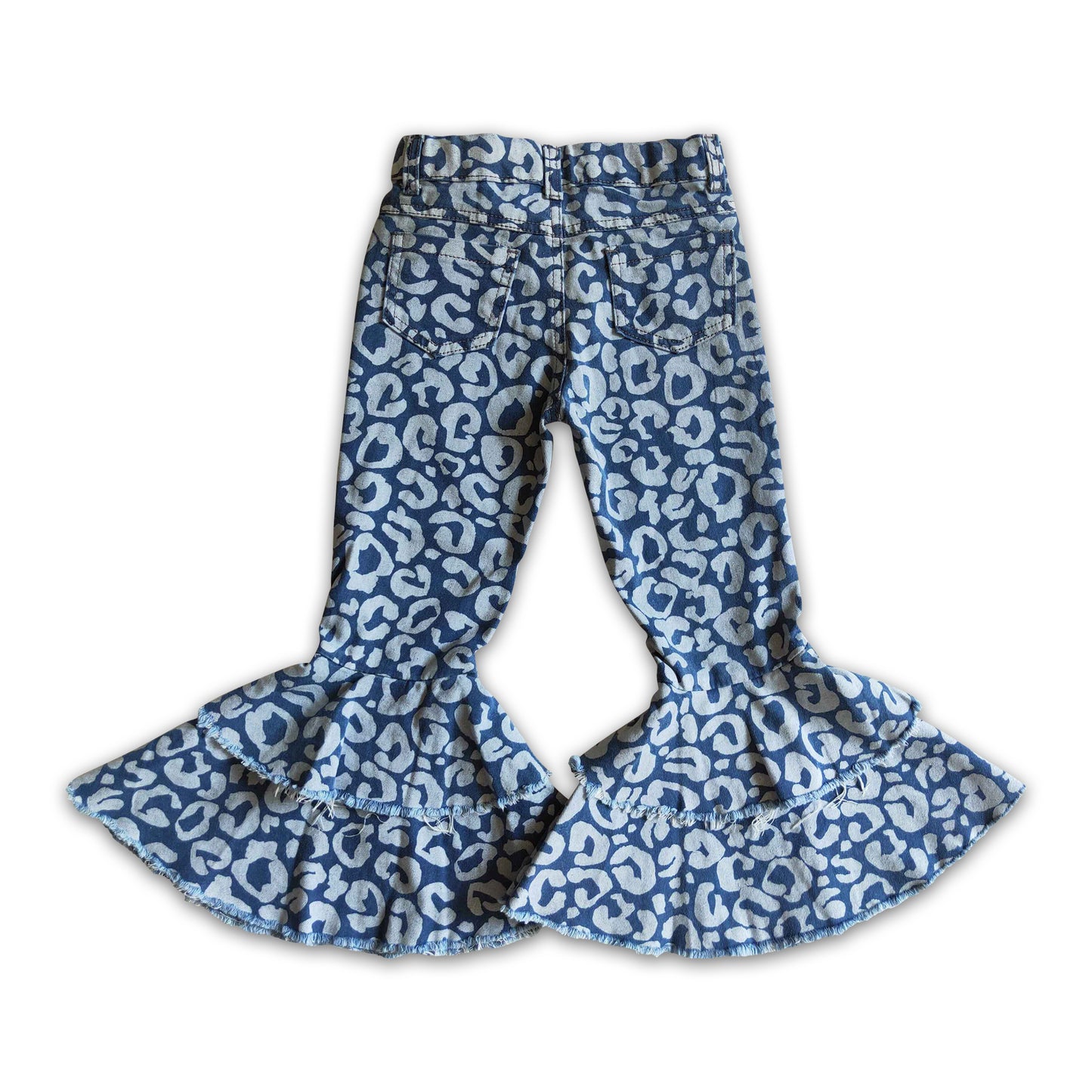 Blue leopard jeans ruffle baby girls bell bottom denim pants