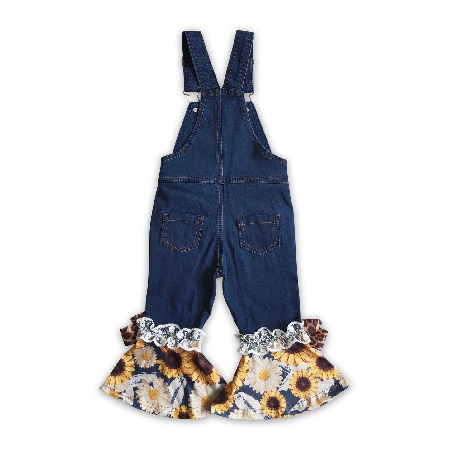 Sunflower print girls fall denim overalls