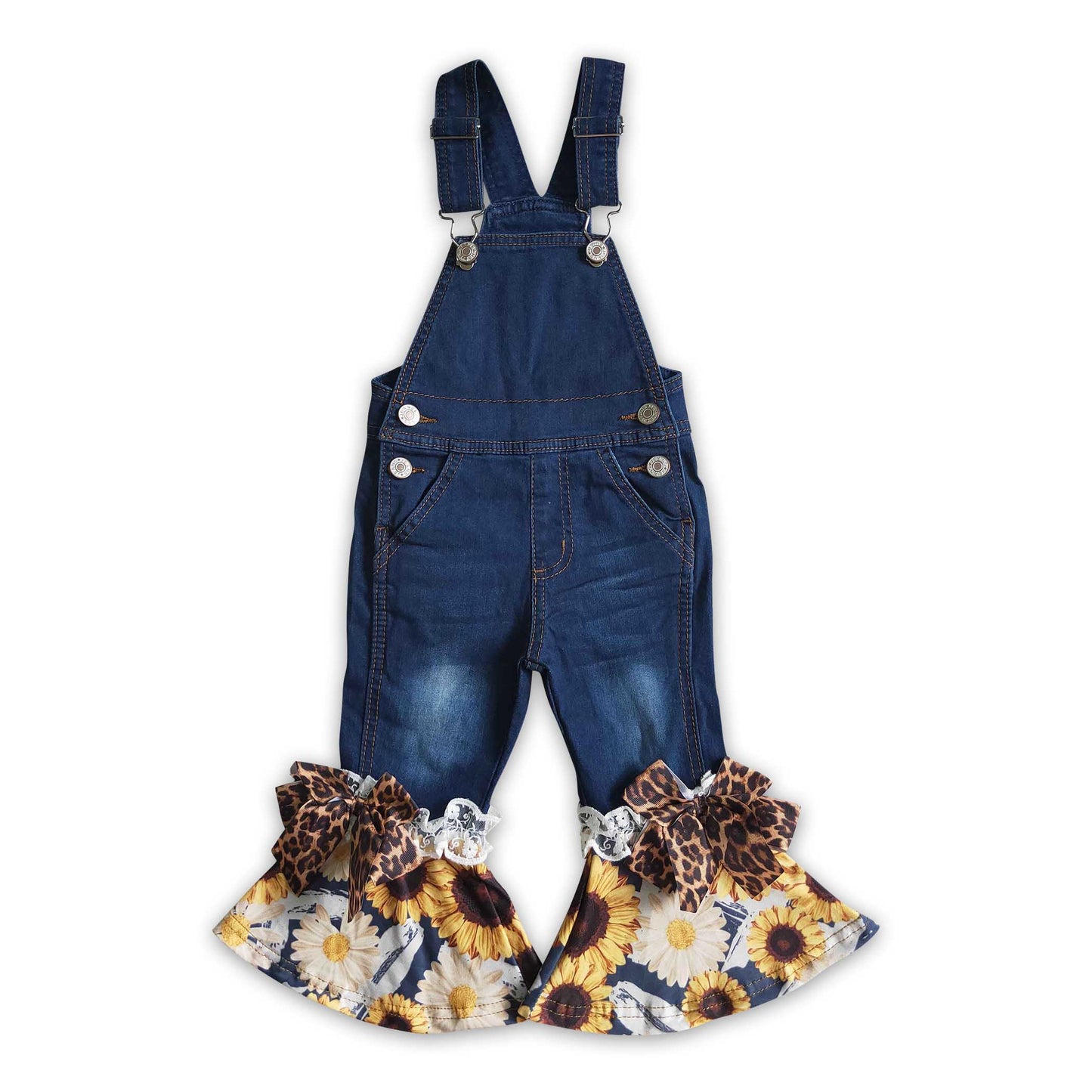 Sunflower print girls fall denim overalls