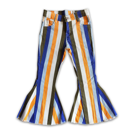 Blue orange white stripe jeans girls fall bell bottom denim pants