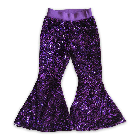 Purple soft lining bell bottom girls sequin pants