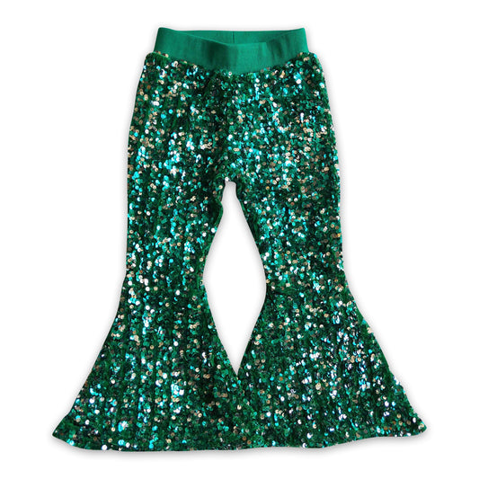 Green soft lining bell bottom girls Christmas sequin pants