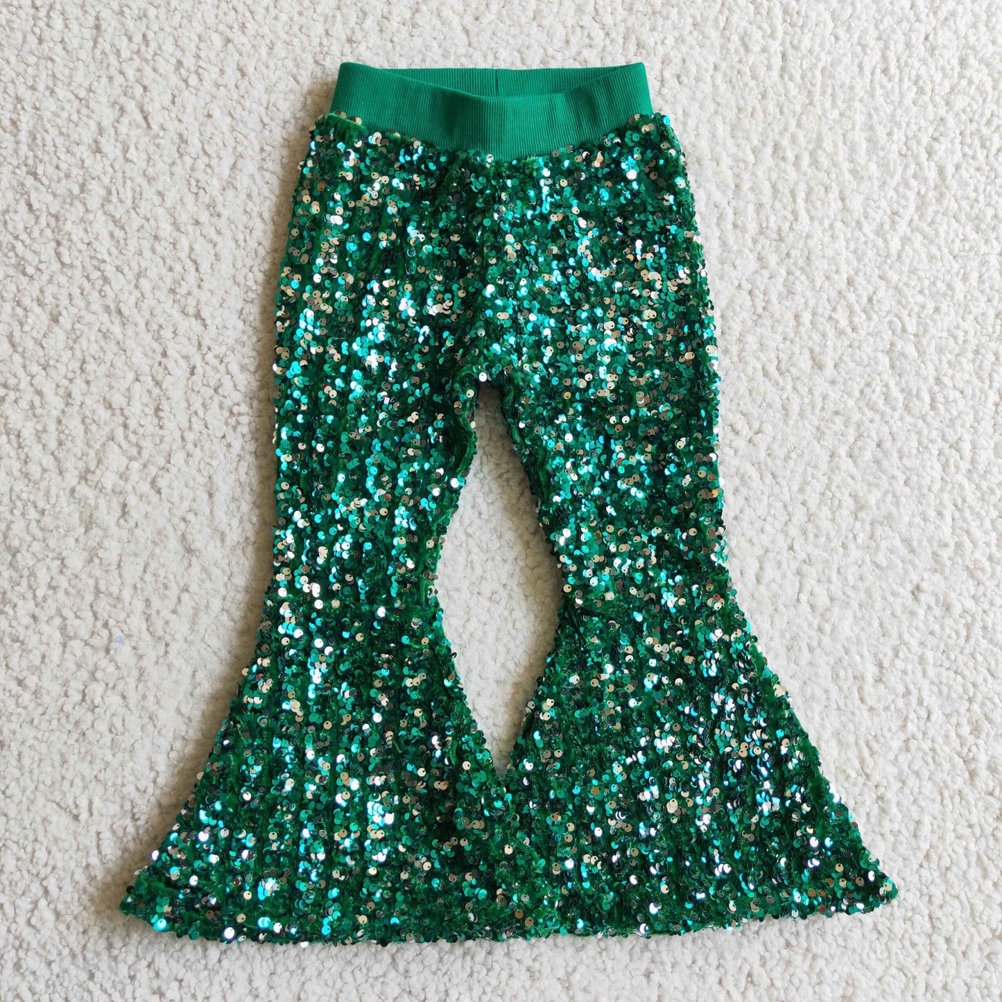Green soft lining bell bottom girls Christmas sequin pants