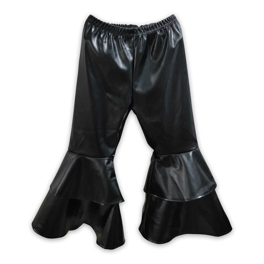 Black leather baby girls ruffle bell bottom pants