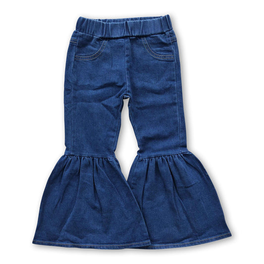 Blue denim elastic waist bell bottom girls jeans