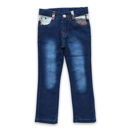 Cow print pockets denim pants washed baby kids jeans