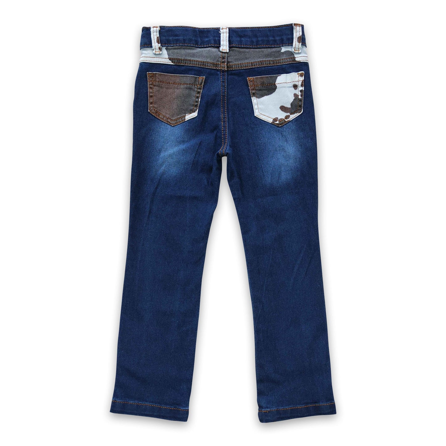Cow print pockets denim pants washed baby kids jeans