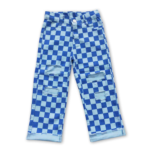 Blue checked hole baby boy jeans