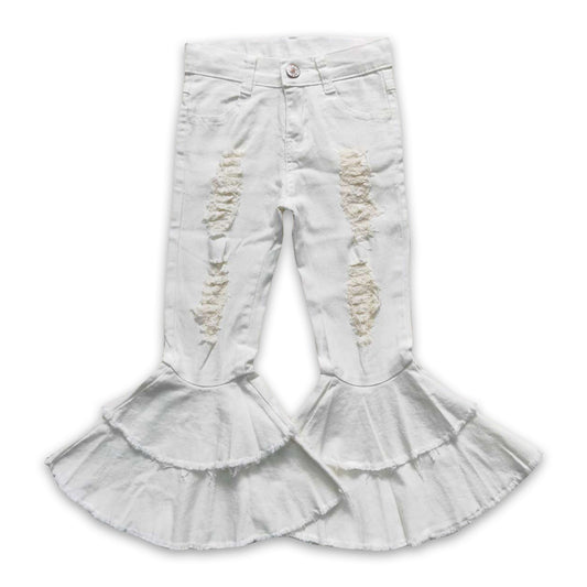 White distressed ruffle denim pants baby girls jeans