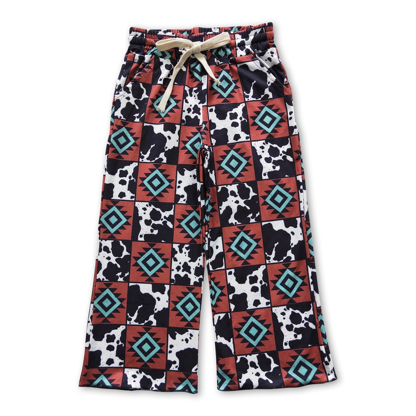 Cow print aztec patchwork western kids girls pants