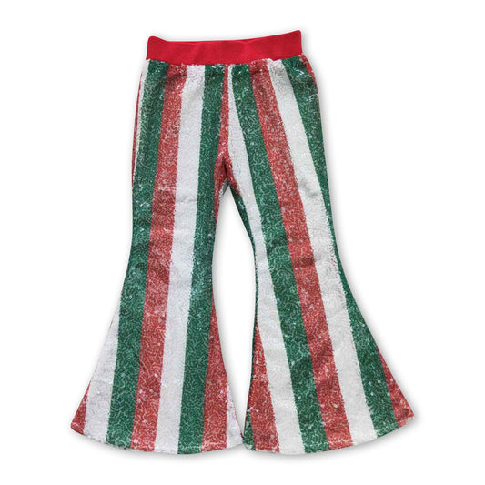 Red green stripe sequin kids girls Christmas bell bottom pants