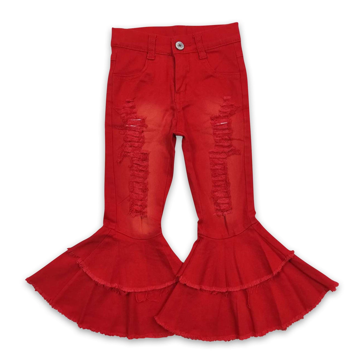 Red distressed ruffle bell bottom pants kids girls jeans