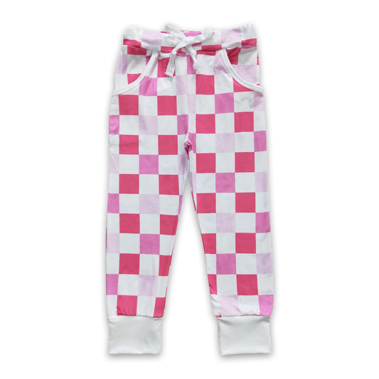 Pink white plaid pocket baby girls pants
