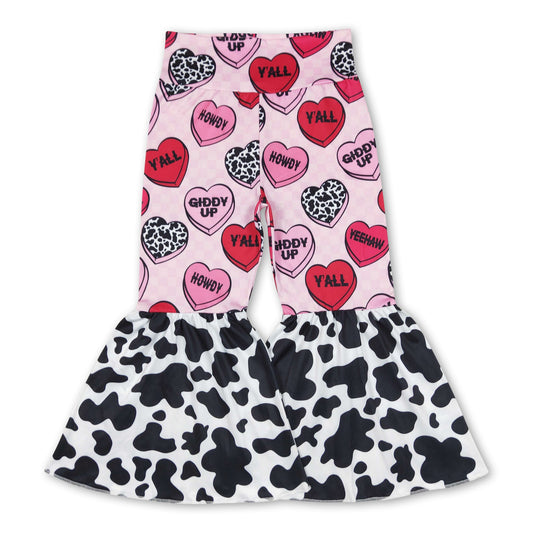 Pink plaid heart cow print girls valentine's bell bottom pants