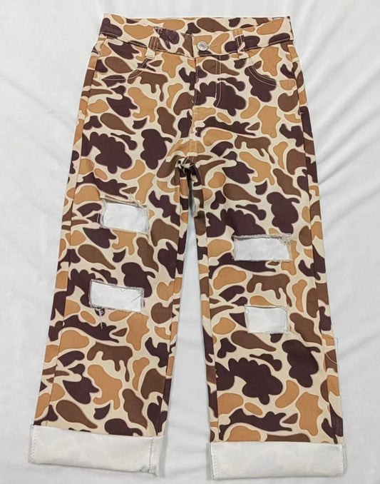 Brown camo hole denim pants kids boys hunting jeans