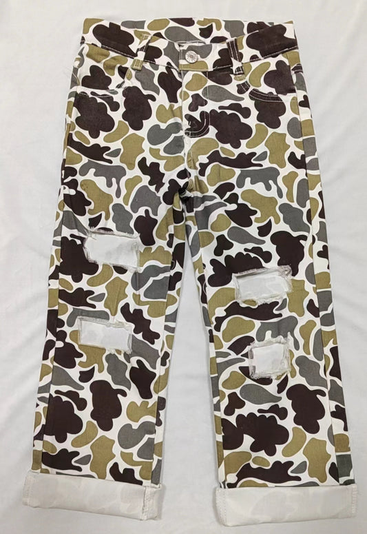 Olive camo hole denim pants kids boys hunting jeans