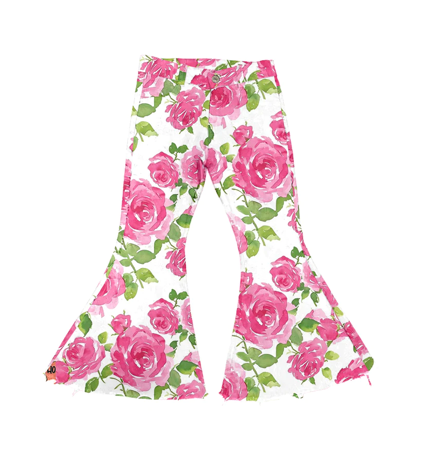 Pink floral flare jeans girls spring denim pants