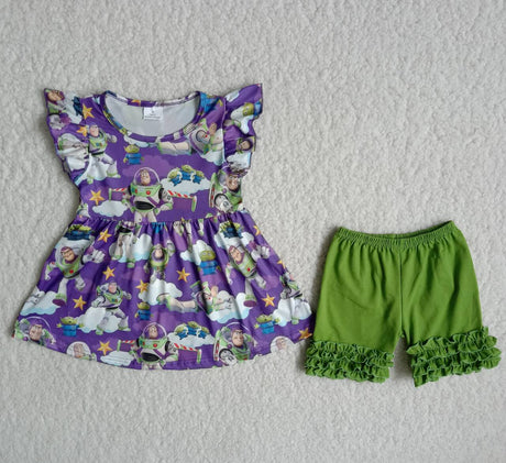 Flutter sleeve tunic green icing ruffle shorts girl summer clothing