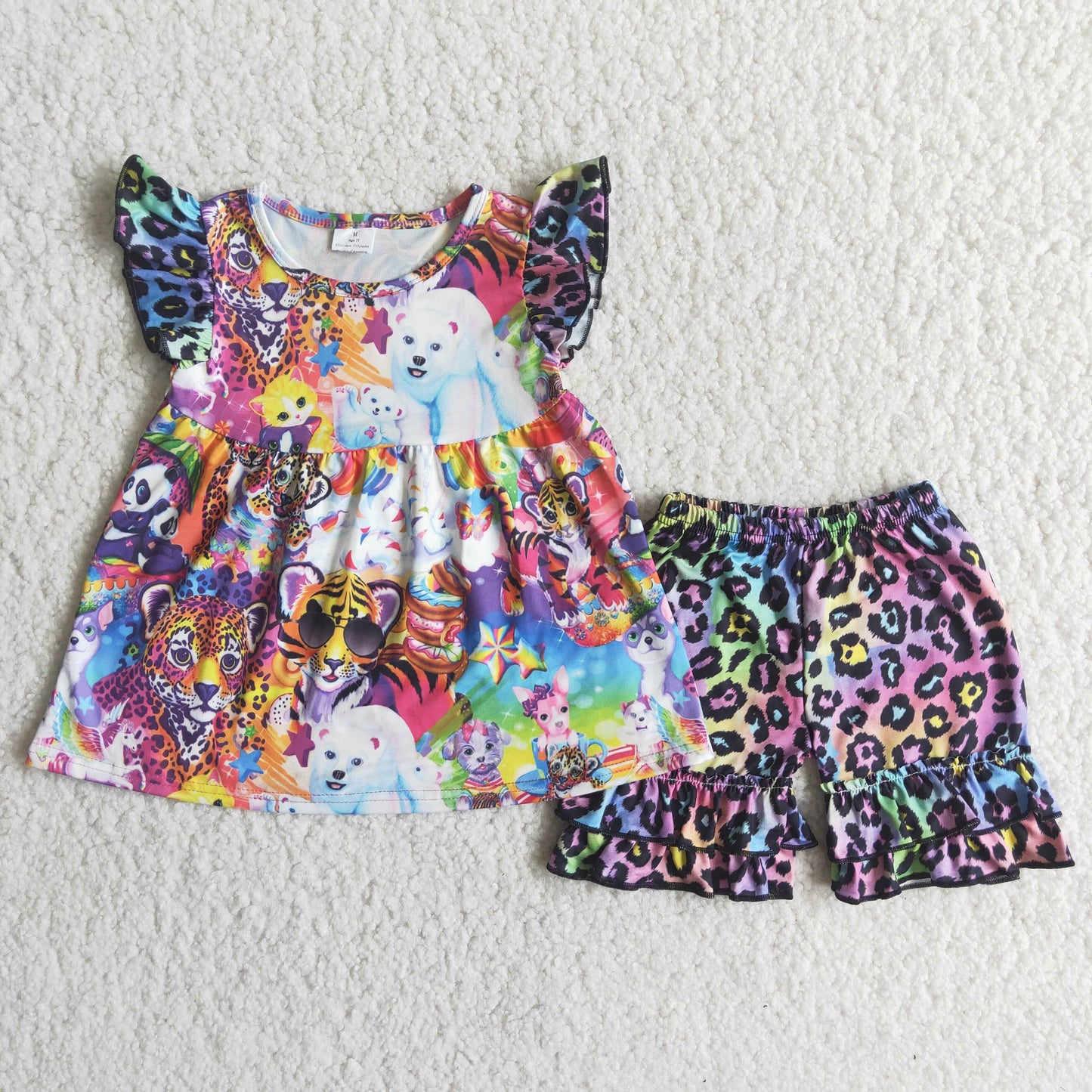 Colorful tiger leopard flutter sleeve girls clothing set