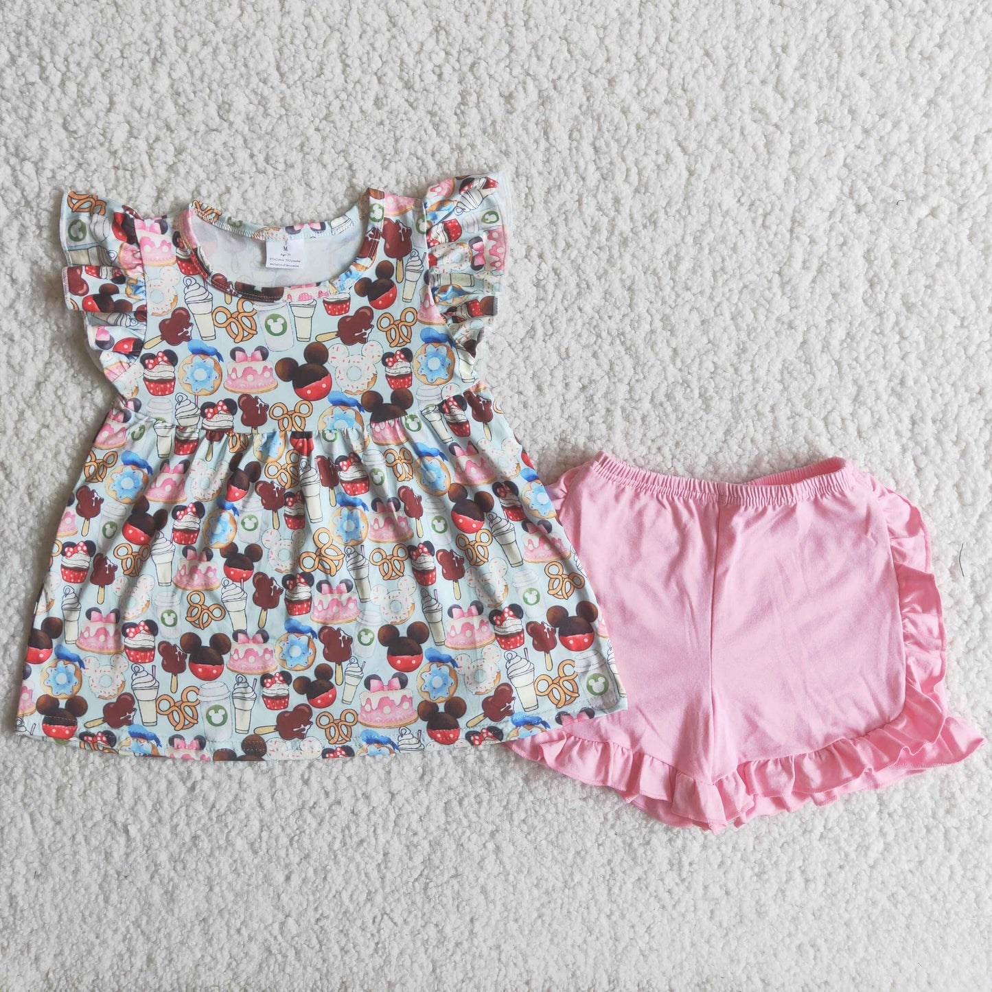 Cute snacks flutter sleeve tunic pink shorts girls outfits