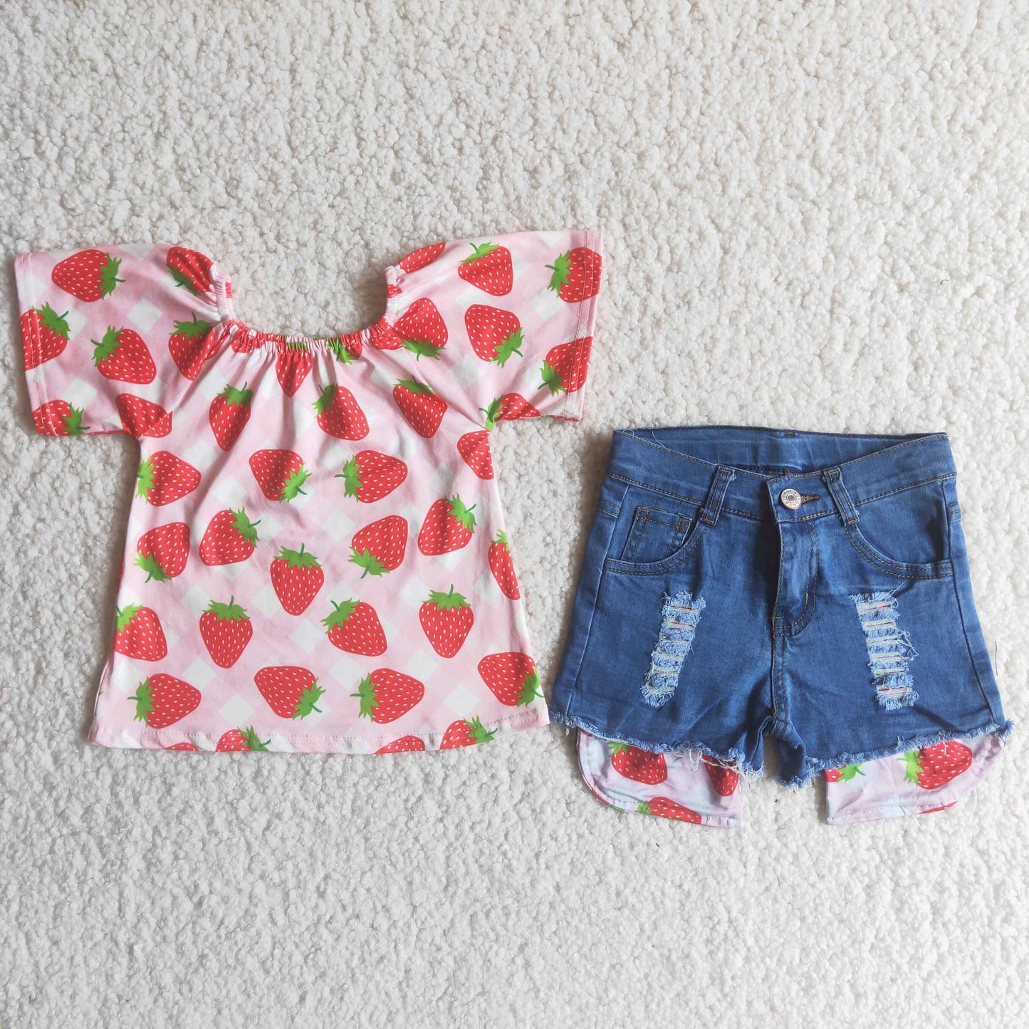 Strawberry shirt match denim shorts girls summer clothing
