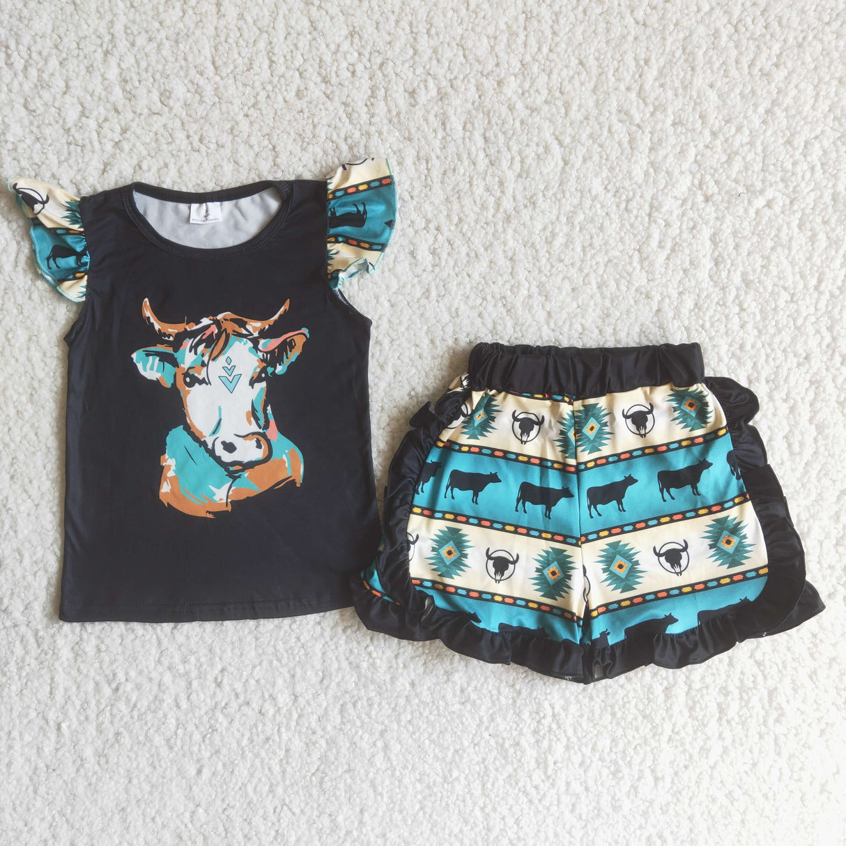 Cow print shirt ruffle shorts kids boutique clothing