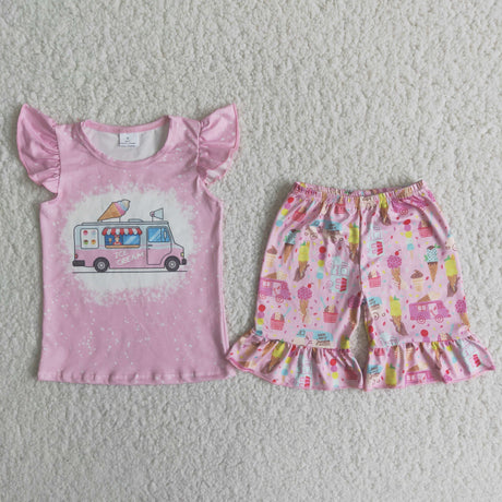 Ice cream print shirt ruffle shorts kids summer clothing
