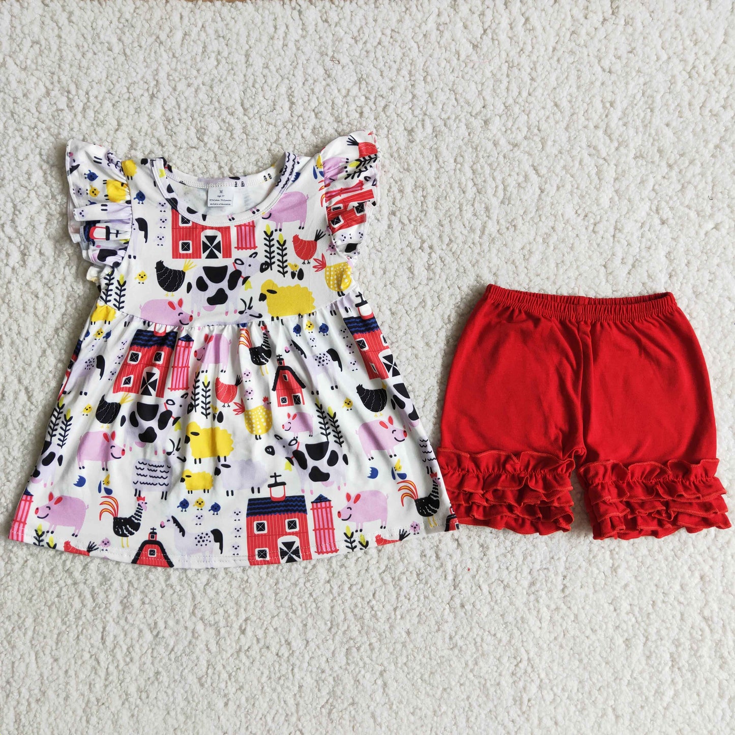 Farm print flutter sleeve red ruffle shorts girls outfits